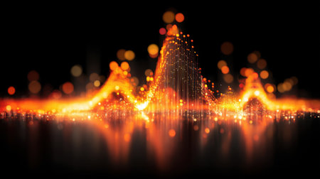 This vibrant abstract image features a digital sound wave in orange tones, reflecting on a dark background, creating a stunning visual effect that symbolizes energy and movement.の素材