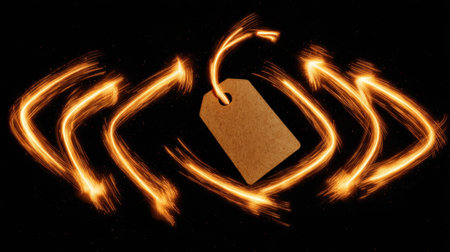 This captivating image features dynamic light trails with a blank tag set against a black background. Ideal for creative design concepts, marketing visuals, and branding projects.の素材