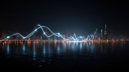 A stunning nighttime view of a futuristic city skyline, featuring illuminated waves over the water that reflect modern buildings, symbolizing innovation and technology.の素材
