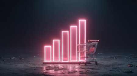 A visually striking image featuring a shopping cart beside glowing neon bars illustrating significant growth in e-commerce. This modern design signifies trends in retail success.の素材