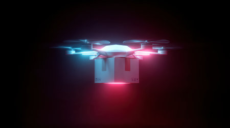 A stunning visual of a futuristic drone delivering a package, featuring vibrant neon lights in a dark backdrop, symbolizing innovation in modern logistics and technology.の素材