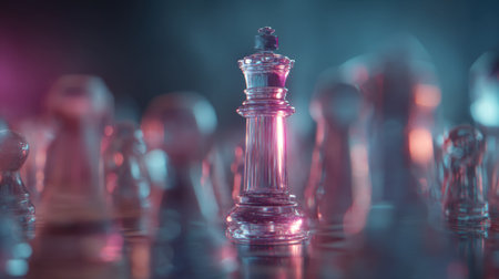 A striking glass king chess piece is prominently displayed, surrounded by blurred chess pieces. The lighting creates a captivating atmosphere of strategy and competition.の素材