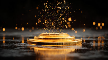 A captivating arrangement of golden coins surrounded by shimmering sparkles on a dark, glossy surface, creating an atmosphere of luxury and wealth with stunning light reflections.の素材
