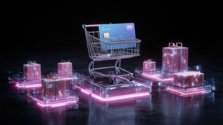 This image captures a modern shopping cart illuminated by neon lights amidst digital credit cards and transparent packages, highlighting the essence of futuristic online shopping.の素材