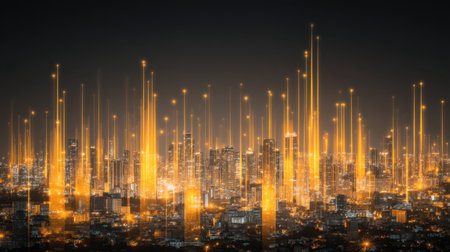 Captivating aerial view of a modern urban landscape at night featuring glowing light beams rising above high-rise buildings, reflecting the energy and vibrancy of city life.の素材