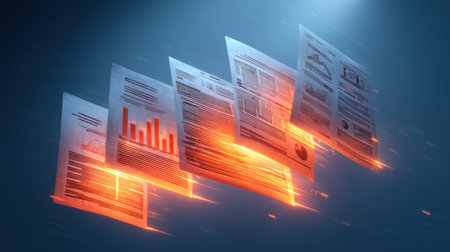 Abstract image showcasing floating papers with data charts and statistics in motion, representing business concepts, analysis, and information flow in vibrant colors.の素材