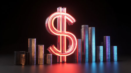 A vivid neon dollar sign shines brightly amidst colorful bar graphs and stacks of coins, symbolizing financial growth, investment opportunities, and economic success.の素材