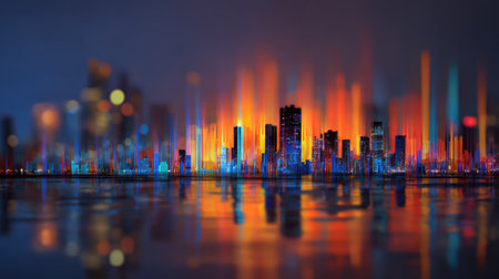 A mesmerizing urban skyline features vibrant light effects reflecting on a tranquil water surface. This dynamic image captures the energy and creativity of city life at night.の素材