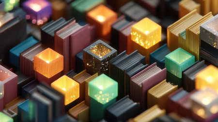 An abstract arrangement of colorful illuminated cubes creates a stunning visual effect. Perfect for backgrounds, designs, and inspiring creative projects with vivid hues.の素材