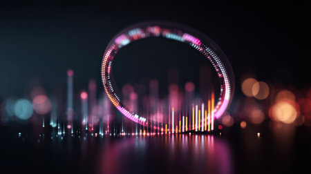 Captivating sound wave visualization featuring vibrant colors and dynamic lights against a blurred background, perfect for digital media projects and creative presentations.の素材