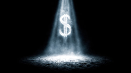 This captivating image features an illuminated dollar symbol emerging from a smoky, dark background, symbolizing wealth and prosperity in a visually striking manner.の素材