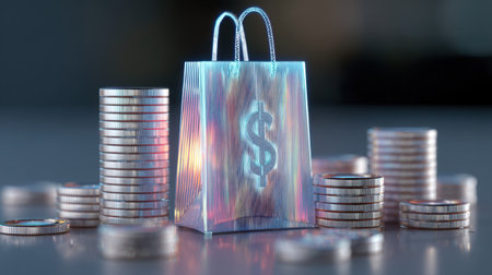 A modern shopping bag made of shiny material sits amidst tall stacks of coins, symbolizing financial success and the importance of money management in todayの素材