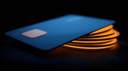 A modern credit card with glowing edges is beautifully arranged in a stack, showcasing cutting-edge design and technology, ideal for finance-related themes.の素材