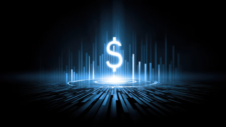 This image showcases a glowing dollar sign emerging from a high-tech background, symbolizing the integration of finance and technology in modern business practices.の素材