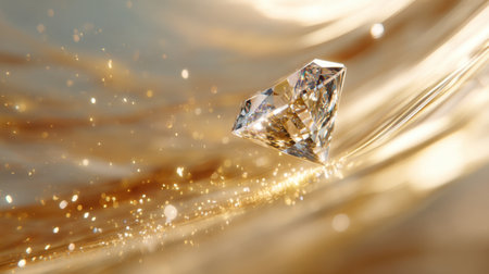A breathtaking close-up of a single diamond resting on luxurious golden fabric, illuminated by soft light and surrounded by sparkling particles, exuding elegance.の素材