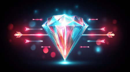A stunning, vibrant digital image of a diamond surrounded by colorful arrows on an abstract background. This artwork embodies elegance and creativity in design.の素材