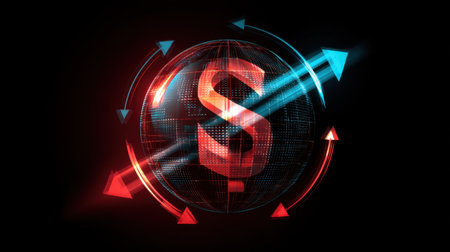 Stunning digital image of a globe with a dollar symbol and dynamic arrows, illustrating themes of finance, growth, and economic trends in a modern style.の素材
