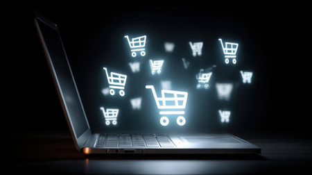 A laptop displays a virtual space filled with glowing shopping cart icons, illustrating the modern e-commerce experience and the evolution of online retail technology.の素材