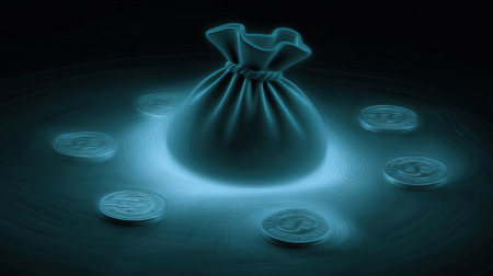 This digital illustration shows a glowing money bag surrounded by coins, emphasizing themes of finance, wealth, and prosperity, ideal for modern concept representations.の素材