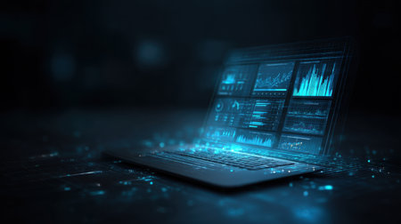 A futuristic laptop with glowing holographic displays showcases advanced analytics and data visualization, representing cutting-edge technology and digital innovation.の素材