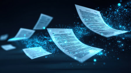 Dynamic scene of flying papers illuminated by glowing particles, symbolizing the evolution of digital communication and modern business practices in a high-tech environment.の素材