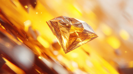 A stunning diamond jewel floats gracefully amidst vibrant orange and golden tones, showcasing its brilliant facets and reflections in a captivating visual display.の素材