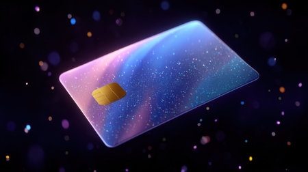 A vibrant SIM card floats amidst a sparkling cosmic background of blue and purple hues, symbolizing modern technology, connectivity, and digital communication.の素材