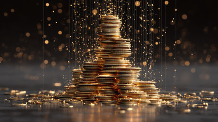 A stunning visual of stacked coins radiating with sparkling effects in a dark setting, symbolizing wealth and financial aspiration, perfect for business themes.の素材