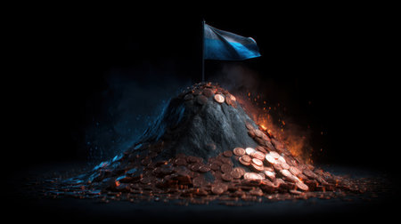 This striking image illustrates a mountain of coins capped with a flag, representing aspirations and successes in finance against a dramatic backdrop of blue and orange hues.の素材