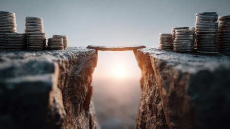 A striking image of a stone bridge connecting two cliffs with stacks of coins on either side, symbolizing the journey toward financial success, illuminated by a warm sunset.の素材