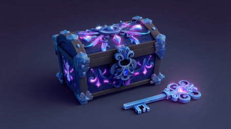 A beautifully crafted treasure chest adorned with glowing patterns and a stunning key, perfect for illustrating themes of magic, adventure, and discovery.の素材