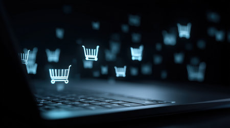 This image showcases a laptop keyboard with floating shopping cart icons, highlighting the rise of online shopping and digital commerce in modern consumer behavior.の素材