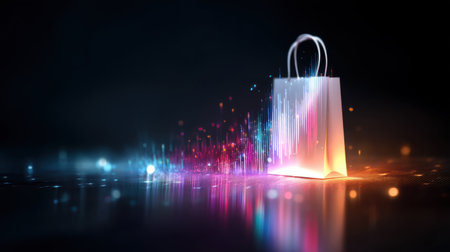 An artistic representation of a shopping bag surrounded by vibrant light effects, symbolizing the dynamic world of online shopping and digital commerce.の素材