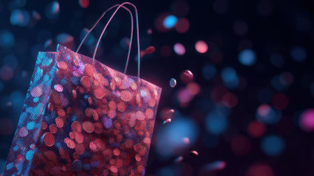A vibrant shopping bag surrounded by colorful bokeh lights in blue and red hues, perfect for retail and e-commerce visuals, seasonal marketing, and festive promotions.の素材