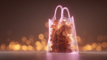 A stunning 3D visualization of a shopping bag overflowing with sparkling coins, set against a soft golden bokeh background, perfect for finance and marketing themes.の素材