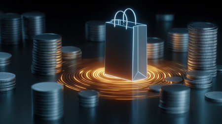 A glowing shopping bag surrounded by stacks of coins symbolizes the concept of e-commerce and digital transactions, showcasing a modern and stylish approach to retail.の素材