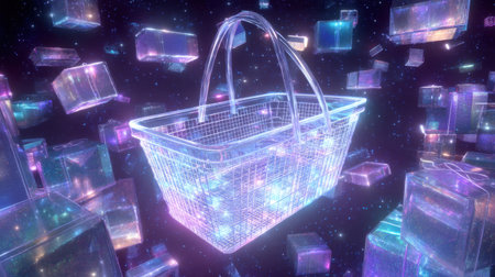 A captivating futuristic shopping basket floats in a starry atmosphere, surrounded by luminous cubes. Ideal for e-commerce and digital retail concepts.の素材