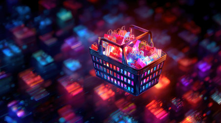 A stunning visual of a shopping basket filled with various colorful products appears to float in a digitally inspired city with glowing abstract architecture and vivid lights.の素材