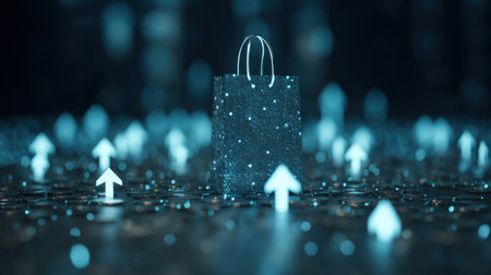 This visually striking image features a glowing shopping bag surrounded by luminous arrows, symbolizing the dynamic growth of e-commerce and modern consumer trends.の素材