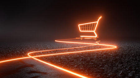 A glowing neon shopping cart set against a dark, foggy background creates a surreal atmosphere. The illuminated path represents the journey of online shopping and consumer culture.の素材