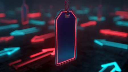 A neon tag with glowing edges stands out against a backdrop filled with abstract directional arrows, embodying modern design trends suitable for advertising and marketing concepts.の素材