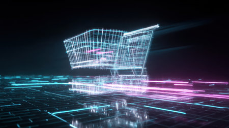A striking representation of a digital shopping cart, showcasing futuristic design elements and neon lights, symbolizing the evolution of online retail technology.の素材