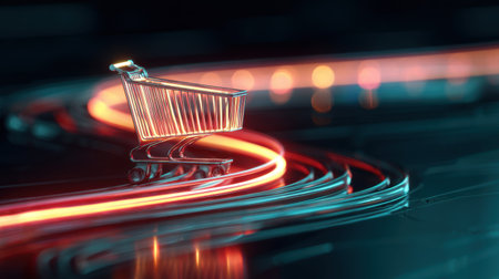 A striking image of a shopping cart glowing with neon lights, set against a reflective surface, emphasizing modern retail technology and the digital shopping experience.の素材