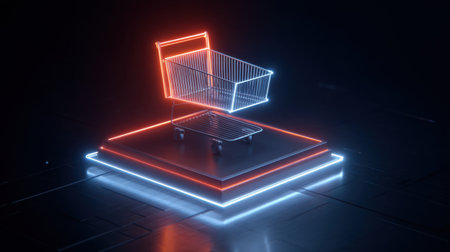A glowing neon shopping cart on a modern display platform, set in a dark environment. This image evokes themes of e-commerce, retail innovation, and futuristic design.の素材
