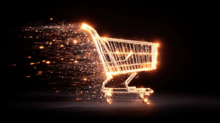 An artistic representation of a shopping cart glowing with sparkling light effects, capturing the essence of online shopping and the excitement of e-commerce.の素材