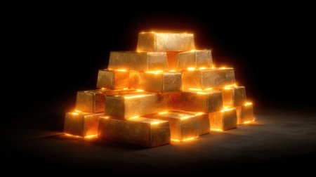 This image depicts a stunning pyramid of gold bars radiating warmth in a dark setting, symbolizing wealth and luxury, perfect for business and finance themes.の素材