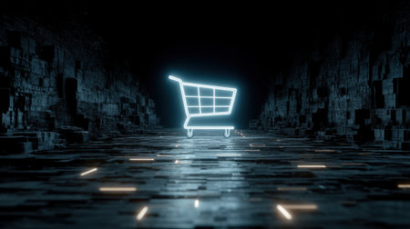 A glowing neon shopping cart stands in a dark alley, creating a striking visual that embodies e-commerce, innovation, and modern consumer experiences.の素材