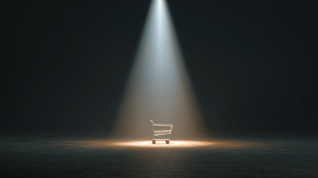 A solitary shopping cart sits under a dramatic spotlight in a dark setting, illustrating themes of consumerism and isolation in today's retail world.の素材