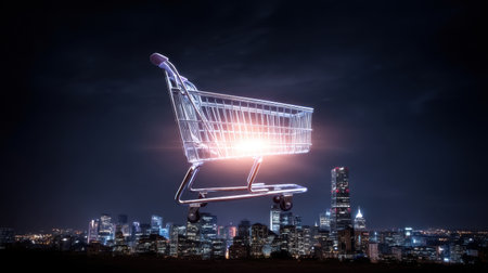 A futuristic shopping cart hovers above an urban skyline at night, illuminated by bright lights. This modern image captures the essence of retail innovation and city life.の素材