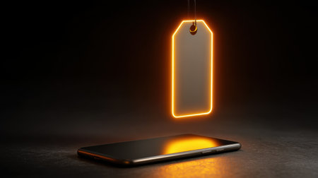 A visually striking image featuring a smartphone on a dark surface with a glowing price tag hanging above, ideal for illustrating modern shopping and technology concepts.の素材